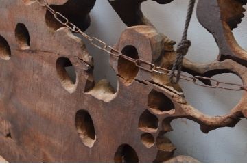 アンティーク建具　希少!!　江戸期　親子獅子の図　燻された味わいが魅力的な寺本堂の彫刻欄間(明り取り、明かり取り)(R-080579)