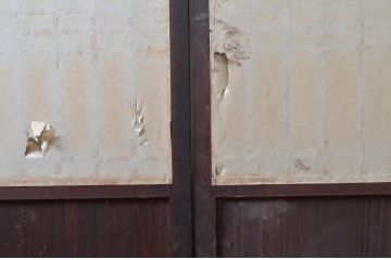 アンティーク建具　和の情緒あふれる障子帯戸2枚セット(引き戸、板戸、格子帯戸、障子戸)(R-080584)