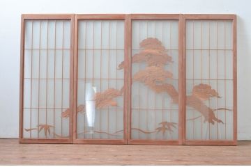 アンティーク建具　両面ガラス　和モダンな空間を演出する書院戸(窓)4枚セット(引き戸、ガラス戸、建具)(R-080603)