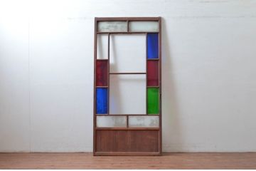 アンティーク建具　大正ロマンな雰囲気あふれる!色ガラス入りガラス戸1枚(引き戸、建具)(R-080630)