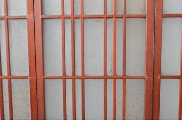 アンティーク建具　ダイヤガラス入り　木の温もり感じられるガラス戸3枚セット(引き戸、建具)(R-080648)