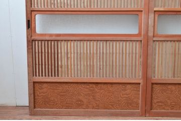 アンティーク建具　裏障子付き　和風の空間づくりにおすすめな格子戸2枚セット(ガラス帯戸、引き戸、建具)(R-080650)
