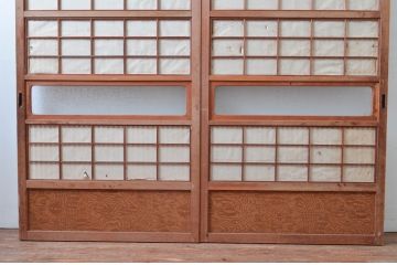 アンティーク建具　裏障子付き　和風の空間づくりにおすすめな格子戸2枚セット(ガラス帯戸、引き戸、建具)(R-080650)