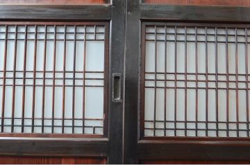 アンティーク建具　和の風情あふれるガラス入り格子帯戸3枚セット(板戸、引き戸、ガラス帯戸)(R-080654)