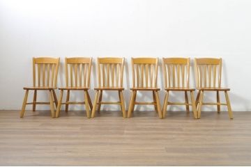 中古　柏木工(カシワ木工、KASHIWA)　楢(ナラ)材　木の温かみある風合いが魅力的なダイニングチェア6脚セット(板座チェア、イス、椅子、バラ売り可能)(R-080674)
