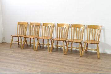 中古　柏木工(カシワ木工、KASHIWA)　楢(ナラ)材　木の温かみある風合いが魅力的なダイニングチェア6脚セット(板座チェア、イス、椅子、バラ売り可能)(R-080674)