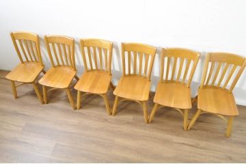 中古　柏木工(カシワ木工、KASHIWA)　楢(ナラ)材　木の温かみある風合いが魅力的なダイニングチェア6脚セット(板座チェア、イス、椅子、バラ売り可能)(R-080674)