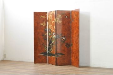 ビンテージ家具　美品　漆工芸品　四曲一隻　牡丹　松　鷹　漆絵が素晴らしい!裏表で異なる絵柄が楽しめる屏風(衝立て、衝い立て、衝立、パーテーション、仕切り、ヴィンテージ)(R-080686)