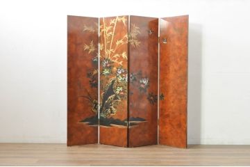 ビンテージ家具　美品　漆工芸品　四曲一隻　牡丹　松　鷹　漆絵が素晴らしい!裏表で異なる絵柄が楽しめる屏風(衝立て、衝い立て、衝立、パーテーション、仕切り、ヴィンテージ)(R-080686)