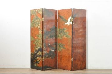 ビンテージ家具　美品　漆工芸品　四曲一隻　牡丹　松　鷹　漆絵が素晴らしい!裏表で異なる絵柄が楽しめる屏風(衝立て、衝い立て、衝立、パーテーション、仕切り、ヴィンテージ)(R-080686)