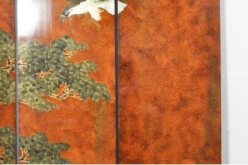 ビンテージ家具　美品　漆工芸品　四曲一隻　牡丹　松　鷹　漆絵が素晴らしい!裏表で異なる絵柄が楽しめる屏風(衝立て、衝い立て、衝立、パーテーション、仕切り、ヴィンテージ)(R-080686)