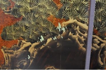 ビンテージ家具　美品　漆工芸品　四曲一隻　牡丹　松　鷹　漆絵が素晴らしい!裏表で異なる絵柄が楽しめる屏風(衝立て、衝い立て、衝立、パーテーション、仕切り、ヴィンテージ)(R-080686)