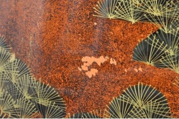 ビンテージ家具　美品　漆工芸品　四曲一隻　牡丹　松　鷹　漆絵が素晴らしい!裏表で異なる絵柄が楽しめる屏風(衝立て、衝い立て、衝立、パーテーション、仕切り、ヴィンテージ)(R-080686)