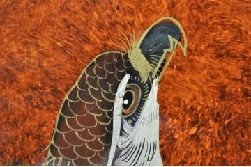 ビンテージ家具　美品　漆工芸品　四曲一隻　牡丹　松　鷹　漆絵が素晴らしい!裏表で異なる絵柄が楽しめる屏風(衝立て、衝い立て、衝立、パーテーション、仕切り、ヴィンテージ)(R-080686)