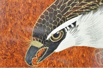 ビンテージ家具　美品　漆工芸品　四曲一隻　牡丹　松　鷹　漆絵が素晴らしい!裏表で異なる絵柄が楽しめる屏風(衝立て、衝い立て、衝立、パーテーション、仕切り、ヴィンテージ)(R-080686)