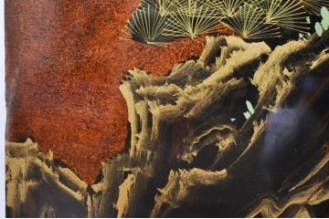 ビンテージ家具　美品　漆工芸品　四曲一隻　牡丹　松　鷹　漆絵が素晴らしい!裏表で異なる絵柄が楽しめる屏風(衝立て、衝い立て、衝立、パーテーション、仕切り、ヴィンテージ)(R-080686)