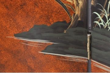 ビンテージ家具　美品　漆工芸品　四曲一隻　牡丹　松　鷹　漆絵が素晴らしい!裏表で異なる絵柄が楽しめる屏風(衝立て、衝い立て、衝立、パーテーション、仕切り、ヴィンテージ)(R-080686)