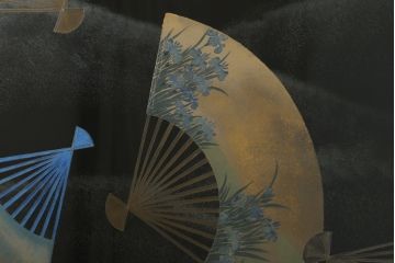 和製ビンテージ　新品未使用　展示品　超美品　香川漆器　漆工芸品　漆絵　貫涯　扇に草花の図が美しく描かれた折り畳み衝立(衝立て、つい立て、衝い立て、パーテーション、間仕切り、ディスプレイ、店舗什器、ヴィンテージ)(定価約200万円)(R-080687)