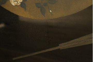 和製ビンテージ　新品未使用　展示品　超美品　香川漆器　漆工芸品　漆絵　貫涯　扇に草花の図が美しく描かれた折り畳み衝立(衝立て、つい立て、衝い立て、パーテーション、間仕切り、ディスプレイ、店舗什器、ヴィンテージ)(定価約200万円)(R-080687)
