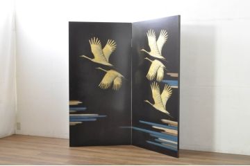 和風ビンテージ　輪島塗り　漆絵　迫力のある鶴の絵柄が目を惹く折り畳み衝立(衝立て、つい立て、衝い立て、パーテーション、仕切り、ヴィンテージ)(定価約180万円)(R-080688)