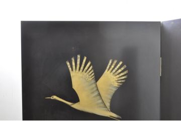 和風ビンテージ　輪島塗り　漆絵　迫力のある鶴の絵柄が目を惹く折り畳み衝立(衝立て、つい立て、衝い立て、パーテーション、仕切り、ヴィンテージ)(定価約180万円)(R-080688)