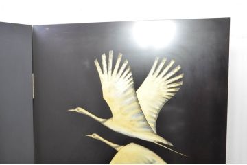 和風ビンテージ　輪島塗り　漆絵　迫力のある鶴の絵柄が目を惹く折り畳み衝立(衝立て、つい立て、衝い立て、パーテーション、仕切り、ヴィンテージ)(定価約180万円)(R-080688)