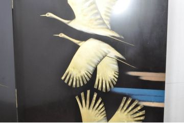 和風ビンテージ　輪島塗り　漆絵　迫力のある鶴の絵柄が目を惹く折り畳み衝立(衝立て、つい立て、衝い立て、パーテーション、仕切り、ヴィンテージ)(定価約180万円)(R-080688)