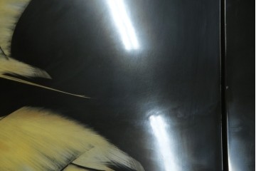 和風ビンテージ　輪島塗り　漆絵　迫力のある鶴の絵柄が目を惹く折り畳み衝立(衝立て、つい立て、衝い立て、パーテーション、仕切り、ヴィンテージ)(定価約180万円)(R-080688)