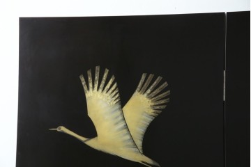 和風ビンテージ　輪島塗り　漆絵　迫力のある鶴の絵柄が目を惹く折り畳み衝立(衝立て、つい立て、衝い立て、パーテーション、仕切り、ヴィンテージ)(定価約180万円)(R-080688)