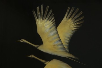 和風ビンテージ　輪島塗り　漆絵　迫力のある鶴の絵柄が目を惹く折り畳み衝立(衝立て、つい立て、衝い立て、パーテーション、仕切り、ヴィンテージ)(定価約180万円)(R-080688)