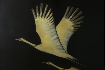 和風ビンテージ　輪島塗り　漆絵　迫力のある鶴の絵柄が目を惹く折り畳み衝立(衝立て、つい立て、衝い立て、パーテーション、仕切り、ヴィンテージ)(定価約180万円)(R-080688)