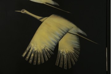 和風ビンテージ　輪島塗り　漆絵　迫力のある鶴の絵柄が目を惹く折り畳み衝立(衝立て、つい立て、衝い立て、パーテーション、仕切り、ヴィンテージ)(定価約180万円)(R-080688)