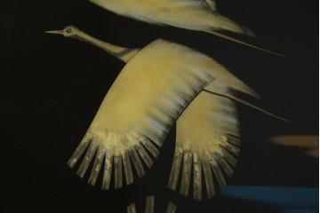 和風ビンテージ　輪島塗り　漆絵　迫力のある鶴の絵柄が目を惹く折り畳み衝立(衝立て、つい立て、衝い立て、パーテーション、仕切り、ヴィンテージ)(定価約180万円)(R-080688)