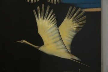 和風ビンテージ　輪島塗り　漆絵　迫力のある鶴の絵柄が目を惹く折り畳み衝立(衝立て、つい立て、衝い立て、パーテーション、仕切り、ヴィンテージ)(定価約180万円)(R-080688)