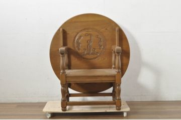 和製ビンテージ　2way!!　国産　職人手作りの良品　ナラ材　2通りの使い方が出来る彫刻入りのモンクスベンチ(テーブル、サイドテーブル、丸テーブル、ラウンドテーブル、椅子、イス、ヴィンテージ)(R-080692)