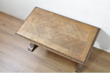 イギリスアンティーク　高級品!!　オーク材　パ-ケットリー(象嵌)天板とバルボスレッグが目を引くセンターテーブル(ローテーブル、リビングテーブル、コーヒーテーブル、英国)(R-080749)