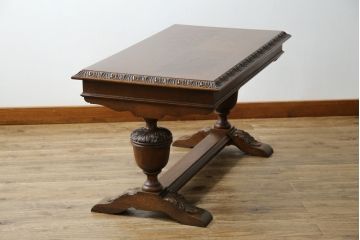 【S様ご決済用】イギリスアンティーク　高級品!!　オーク材　パ-ケットリー(象嵌)天板とバルボスレッグが目を引くセンターテーブル(ローテーブル、リビングテーブル、コーヒーテーブル、英国)(R-080749)