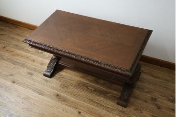 【S様ご決済用】イギリスアンティーク　高級品!!　オーク材　パ-ケットリー(象嵌)天板とバルボスレッグが目を引くセンターテーブル(ローテーブル、リビングテーブル、コーヒーテーブル、英国)(R-080749)