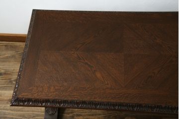 【S様ご決済用】イギリスアンティーク　高級品!!　オーク材　パ-ケットリー(象嵌)天板とバルボスレッグが目を引くセンターテーブル(ローテーブル、リビングテーブル、コーヒーテーブル、英国)(R-080749)