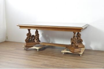 中古　美品　最高級　イタリア輸入家具　大振り　ガラス天板付き　脚に施された彫刻が高級感を高めるダイニングテーブル(6人掛け、食卓)(定価約140万円)(R-080753)