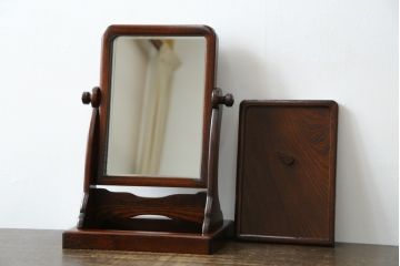 中古　民芸家具　上手物　職人手作り工芸家具　総欅(ケヤキ)材　丸みを帯びたフォルムが可愛らしい卓上ミラー(鏡、スタンドミラー)(R-080757)