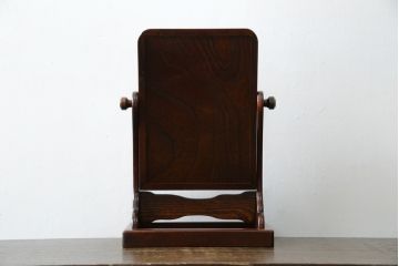 中古　民芸家具　上手物　職人手作り工芸家具　総欅(ケヤキ)材　丸みを帯びたフォルムが可愛らしい卓上ミラー(鏡、スタンドミラー)(R-080757)