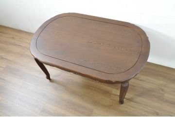 和製ビンテージ　美品　鉄刀木(タガヤサン)　オリエンタルな雰囲気を感じる彫刻入りのオーバルダイニングテーブル(4人掛け、6人掛け、食卓、ヴィンテージ)(R-080760)