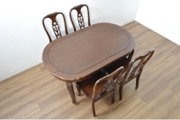 和製ビンテージ　美品　鉄刀木(タガヤサン)　オリエンタルな雰囲気を感じる彫刻入りのオーバルダイニングテーブル(4人掛け、6人掛け、食卓、ヴィンテージ)(R-080760)