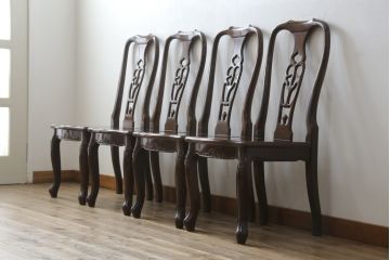 和製ビンテージ　鉄刀木(タガヤサン)　オリエンタルな雰囲気を感じる彫刻入りのダイニングチェア4脚セット(アームレスチェア、板座チェア、椅子、イス、ヴィンテージ、バラ売り可能)(R-080761)