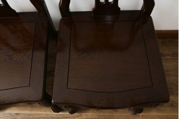 和製ビンテージ　鉄刀木(タガヤサン)　オリエンタルな雰囲気を感じる彫刻入りのダイニングチェア4脚セット(アームレスチェア、板座チェア、椅子、イス、ヴィンテージ、バラ売り可能)(R-080761)