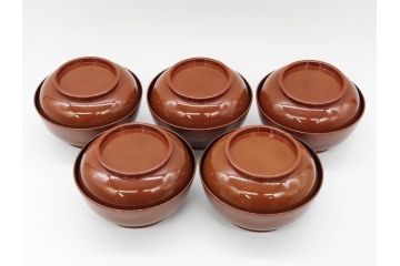 明治〜大正期　輪島塗　蒔絵　木製　松竹梅　雅なお椀5客セット(金彩、松の実、花、吸物椀、木製、漆器、漆芸、金彩、和食器、蓋付き)(R-080765)