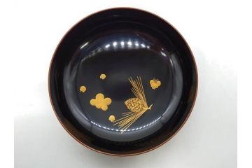 明治〜大正期　輪島塗　蒔絵　木製　松竹梅　雅なお椀5客セット(金彩、松の実、花、吸物椀、木製、漆器、漆芸、金彩、和食器、蓋付き)(R-080765)
