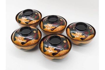 時代物　秀衡塗　木製　松竹梅　華麗な味わいのあるお椀5客セット(源氏雲、有職文様、花、植物、吸物椀、漆器、漆芸、金彩、和食器、蓋付き)(R-080766)