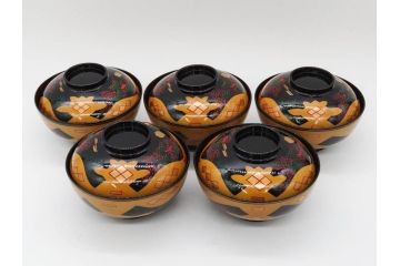 時代物　秀衡塗　木製　松竹梅　華麗な味わいのあるお椀5客セット(源氏雲、有職文様、花、植物、吸物椀、漆器、漆芸、金彩、和食器、蓋付き)(R-080766)